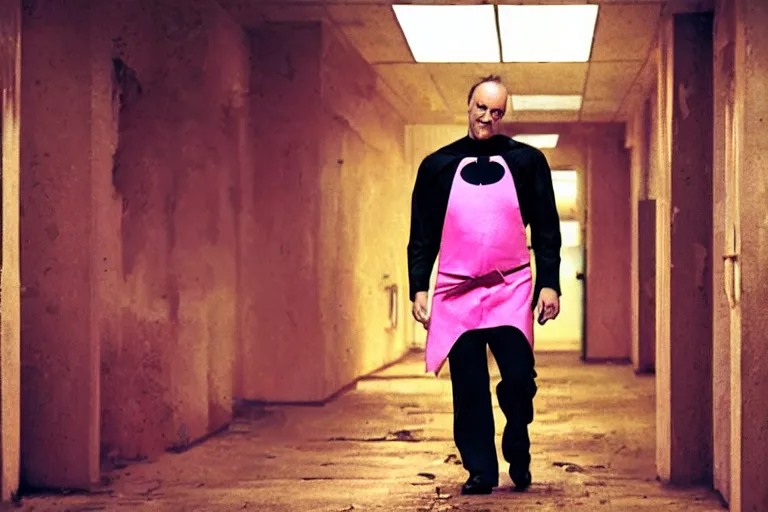 Image similar to michael keaton batman wearing pink apron wielding an axe, chasing through old brown decrepit hallway, creepy smile, atmospheric eerie lighting, photorealistic face, dim lighting, bodycam footage, motion blur, photograph