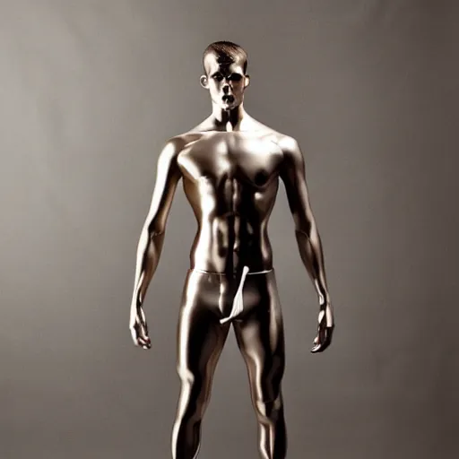 Image similar to a beautiful athletic male metal manequin, photographed by erwin olaf