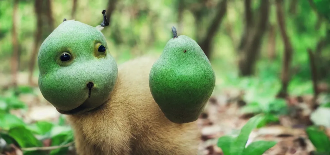 Prompt: a cute green pear animal walking in front of a forest, and looking at the camera; pear skin; nature photography