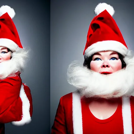 Image similar to Singer Björk wearing a Santa Claus hat