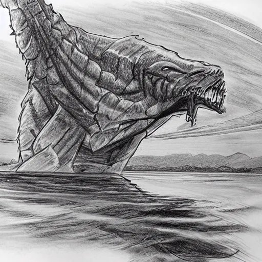 Prompt: a high quality sketch of a huge creature lurking in a lake