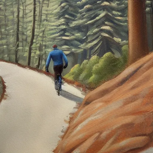 Image similar to man biking up a steep forest hill with a deep dark blue sweater. sweaty. Oil painting. Emotional. Trending on artstation. Steep. Nordic Trees. Rustic. Artistic.