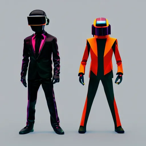 Image similar to 3D low-poly render of miniature daft punk kids standing back to back, twilight zone background, illustration, artgerm, octane render, inspired by Greg rutkowski, colorful, studio lighting, full body,