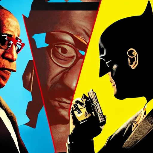 Image similar to batman versus gus fring, poster, movie poster, facing each other, side angle, imax, highly detailed, cel-shaded