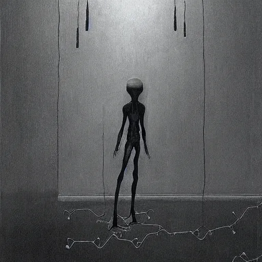 Prompt: “ alien with long fingers in a dark room full of smart devices floating, beksinski ”