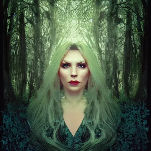 Image similar to head and shoulders portrait of an evil witch in a forest, dark fantasy, mystic, elegant, intricate, face, medium shot, trending on pixiv, volumetric light, by Fernanda Suarez and Alphonse Mucha