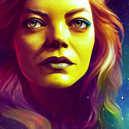 Prompt: cosmic lion portrait of emma stone, hyper detailed, digital art, trending in artstation, cinematic lighting, studio quality, smooth render, unreal engine 5 rendered, octane rendered, art style by klimt and nixeu and ian sprigger and wlop and krenz cushart.