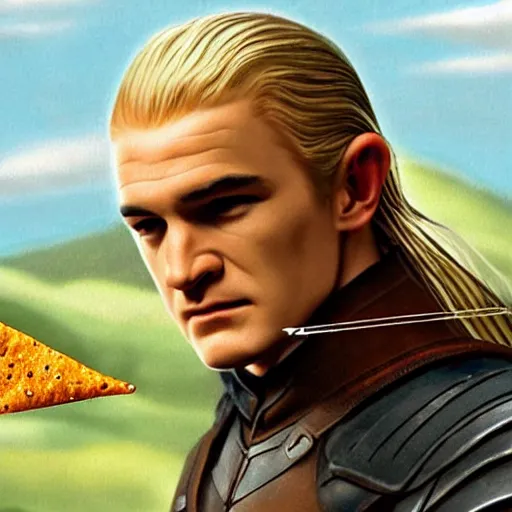 Image similar to Legolas crying in his bedroom over a bag of Doritos, highly detailed,