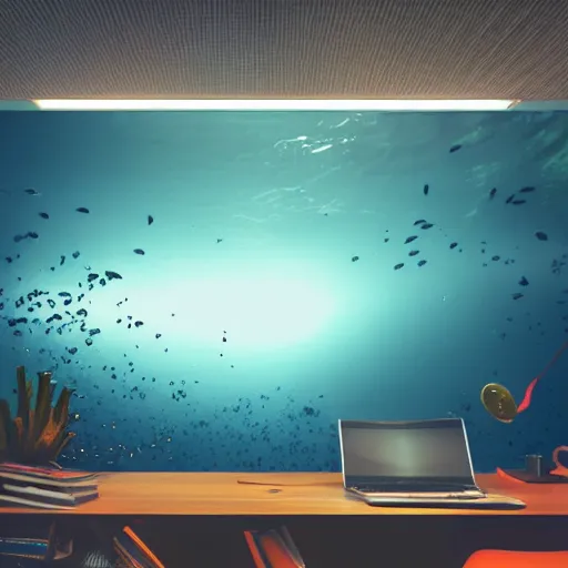 Image similar to photo of an office desk, underwater, cinematic