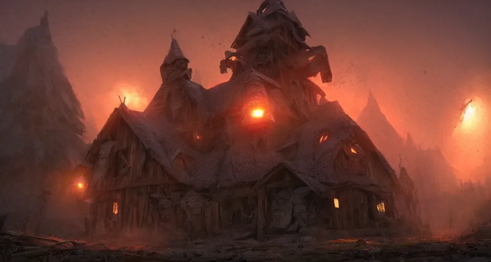 Image similar to big giant ogre troll with a club attacks wooden village houses. Destruction dust and fog. Atmospheric beautiful by Eddie mendoza and Craig Mullins. volumetric lights