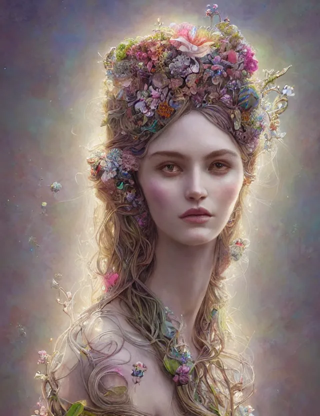 Image similar to organic goddess with flowers in hair, holographic white plastic and driftwood, fantasy, intricate, elegant, highly detailed, lifelike, photorealistic, digital painting, artstation, illustration, smooth, sharp focus, art by scott davidson, albert aublet, krenz cushart, artem demura, mucha