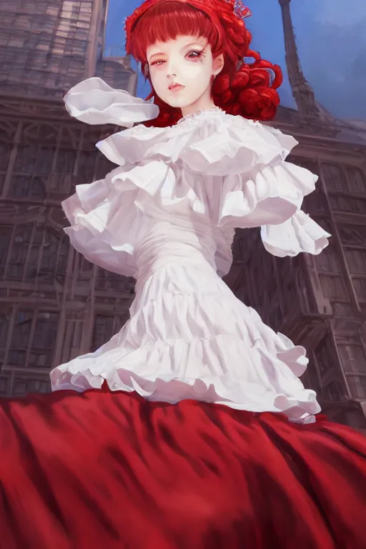 Prompt: a beautiful white frilled red dress girl is staring down from the top of a tall tower, extremely detailed and beautiful aesthetic face, seductive pose, super detailed eyes, low angle, highly detailed, digital painting, artstation, concept art, smooth, sharp focus, illustration, unreal engine 5, 8 k, art by hiroaki samura and jiro matsumoto