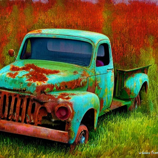 Image similar to impressionist painting of an old rusty pickup truck overrun by very thick kudzu