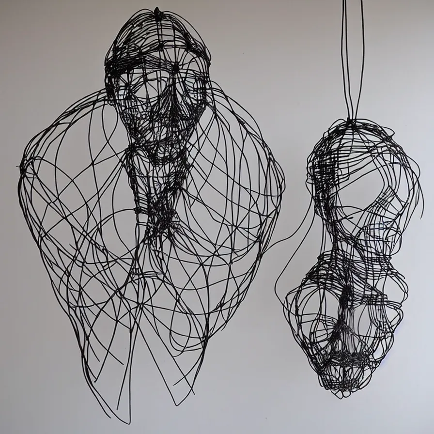 Image similar to elegantly hanging wire art sculpture of a human face