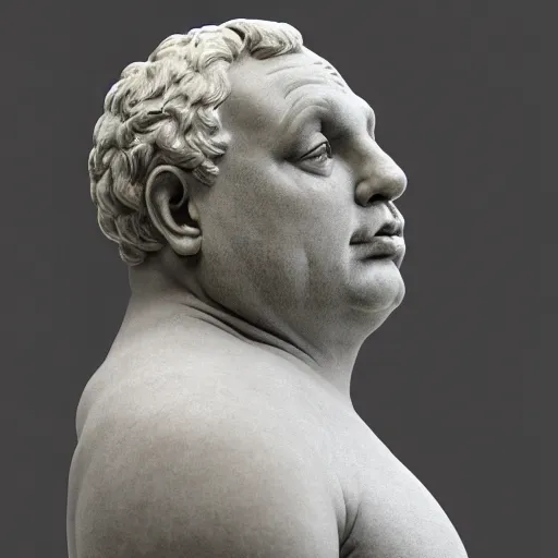 Image similar to hungarian prime minister viktor orban as a slightly obese marble statue of ancient roman emperor, created by michelangelo, museum photoshot, 3 d photorealistic render, high resolution, 8 k