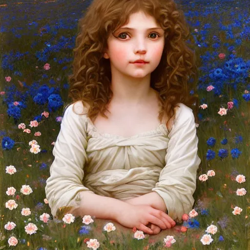Prompt: a painting of a little girl with short wavy curly light brown hair and blue eyes, sitting in a field of flowers. beautiful detailed face line art by ilya kuvshinov and raymond swanland and bouguereau