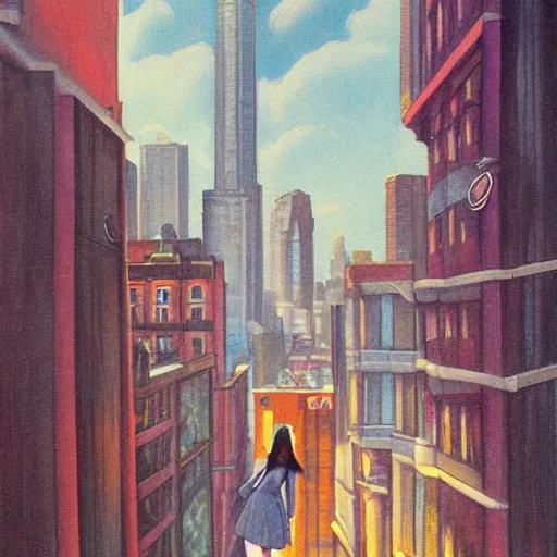 Prompt: woman, city, looking down, street top view, by rossdraws, adrian wilkins, enoch bolles