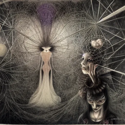 Image similar to descending into madness by itsuko azuma, kinuko y. craft, julie heffernan, remedios varo, graphite, dreamy, mysterious and illusory