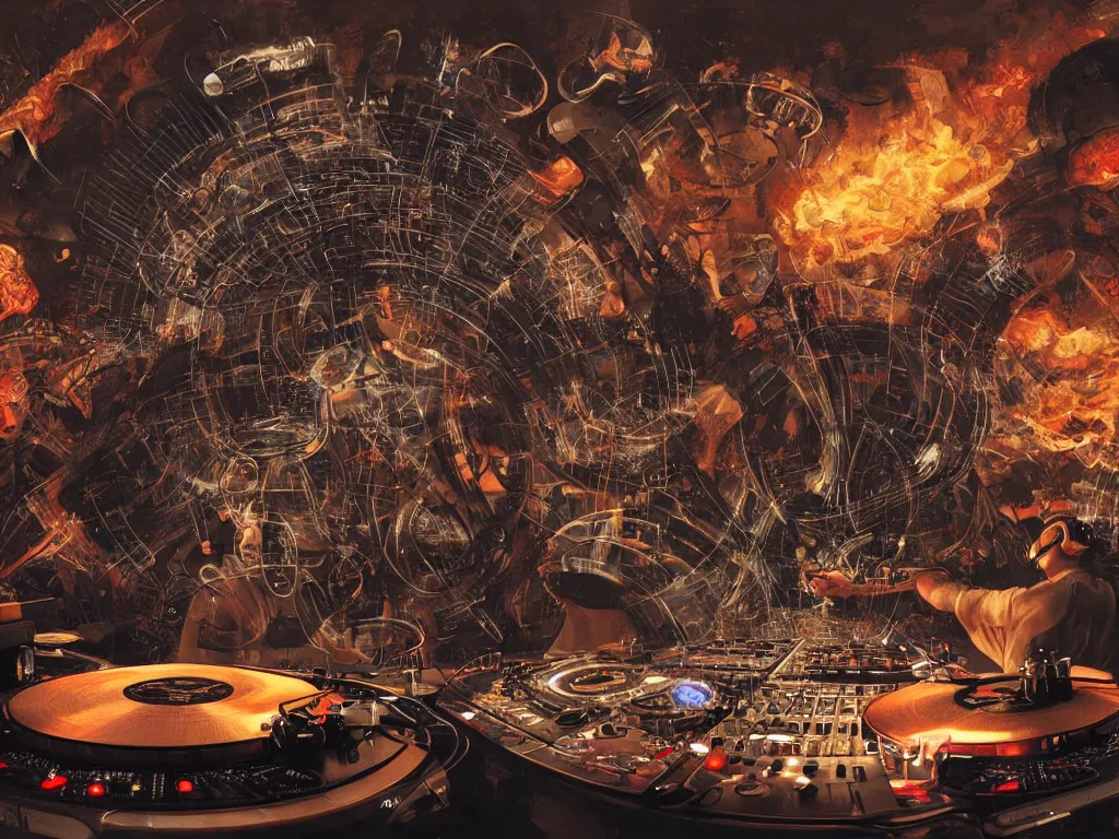 Image similar to an incredible masterpiece of a cyborg dj is playing a vast array of highly evolved and complex musical technology surrounded by an incredible and complex circular structure lit by fire, by craig mullins