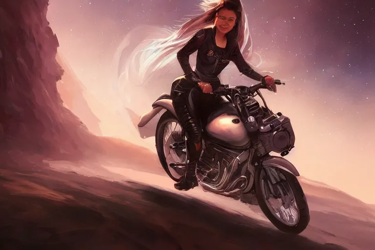 Prompt: a girl is riding a motorbike, the space background, digital painting by Charlie Bowater hyperdetailed trending on artstation trending on deviantart