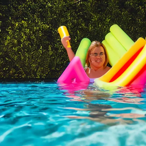 Prompt: a woman swimming surrounded by 1 0 pool noodles pointing away from her