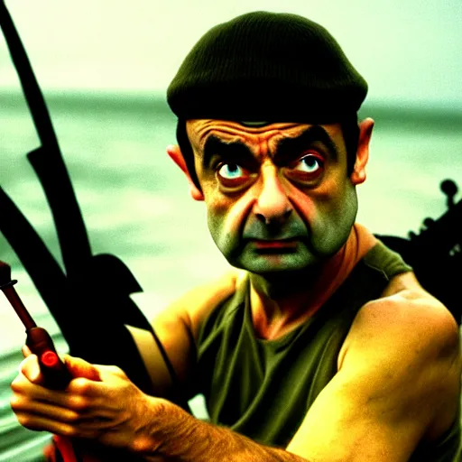 Image similar to mr. bean as rambo. movie still. cinematic lighting.