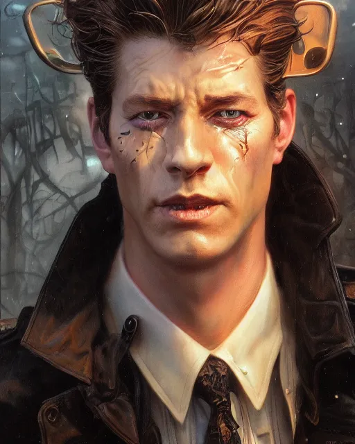 Prompt: detailed beautiful character portrait, chirs evans, wearing oversized black trench coat, ultra realistic, wide angle, dramatic lighting, v highly detailed by peter mohrbacher, hajime sorayama, wayne barlowe, boris vallejo, aaron horkey, gaston bussiere, craig mullins