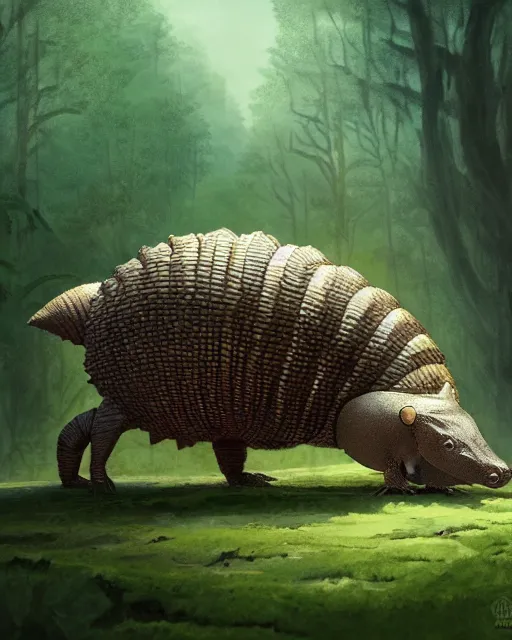 Image similar to Armadillo in armor, green, forest background, magic the gathering artwork, D&D, fantasy, cinematic lighting, centered, symmetrical, highly detailed, digital painting, artstation, concept art, smooth, sharp focus, illustration, volumetric lighting, epic Composition, 8k, art by Akihiko Yoshida and Greg Rutkowski and Craig Mullins, oil painting, cgsociety