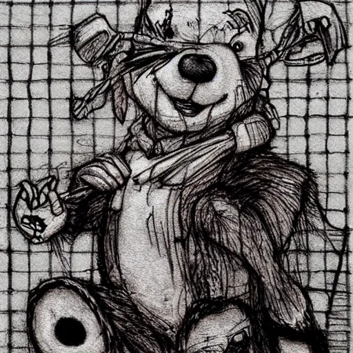 Prompt: grunge drawing of cartoon bloody winnie the pooh by mrrevenge, corpse bride style, horror themed, detailed, elegant, intricate