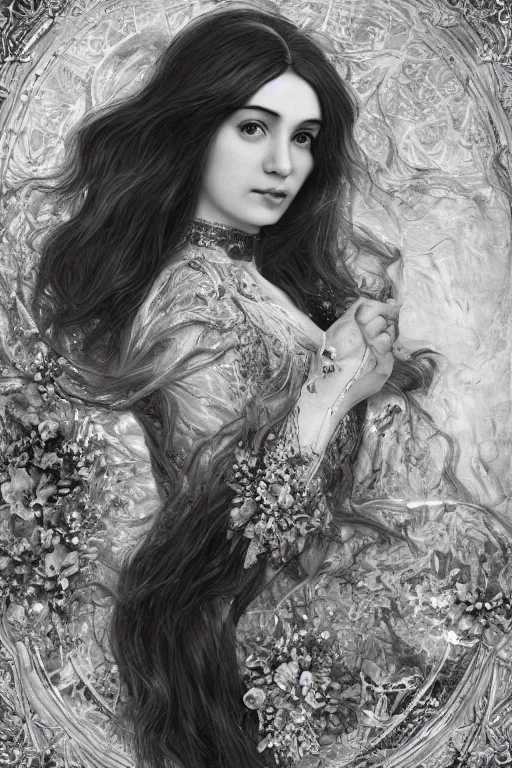 Prompt: An extremely beautiful pre-raphaelite intricate ultradetailed ornate portrait of a very beautiful elegant witch, regal, digital art painting, smooth, sharp focus, magazine art cover illustration, award winning picture, extremely detailed masterpiece, sense of awe, featured on Artstation, Artgerm, ethereal bubbles, Aetherpunk, atmospheric lightning, backlit, highly detailed illustration highlights, concept art, Exquisite matte painting, floral details, 8K detail post-processing