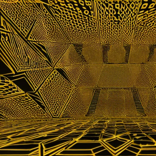 Image similar to procedural chaotic pattern of 3 d hexadonal scifi architecture, reflective black and gold, inspired by deus ex human revolution, render in octane