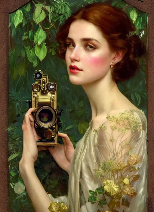 Image similar to hyper realistic photographer looking through a vintage camera, design on white background, beautiful details, lush foliage, gold, drawn by john singer sargent, tom bagshaw, norman rockwell, alphonso mucha, lolish, trending on artstation