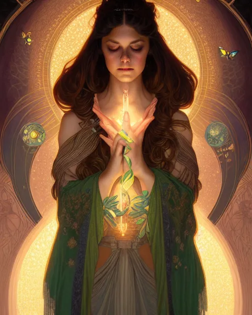 Image similar to symmetry portrait of brunette princess, glam, fae, fireflies, forest background, intricate, elegant, highly detailed, digital painting, artstation, concept art, smooth, sharp focus, illustration, art by artgerm and greg rutkowski and fra angelico and alphons mucha