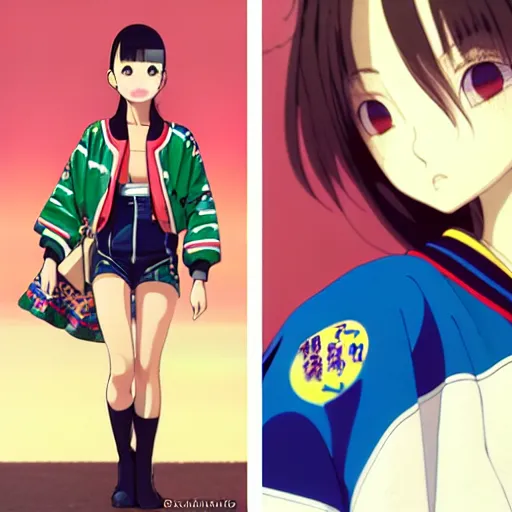 Image similar to a beautiful japanese natalie portman gravure model, wearing oversized native designer bomber jacket and leotard with overalls, bulky poofy bomber jacket with mesoamerican patterns, mesoamerican native street fashion, gapmoe yandere grimdark, trending on pixiv fanbox, painted by greg rutkowski makoto shinkai takashi takeuchi studio ghibli, akihiko yoshida