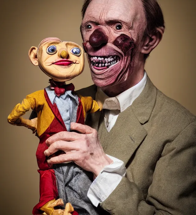 Prompt: hyper realistic photography of horrific old wooden ventriloquist puppet