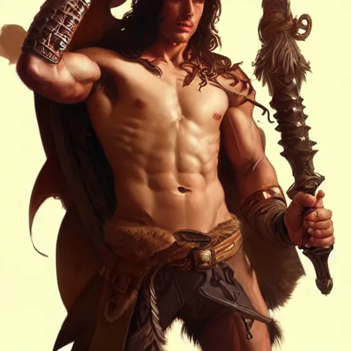 Image similar to portrait of a youthful male barbarian, handsome, toned, D&D, muscular, fantasy, intricate, elegant, highly detailed, digital painting, artstation, concept art, smooth, sharp focus, illustration, art by artgerm and greg rutkowski and alphonse mucha