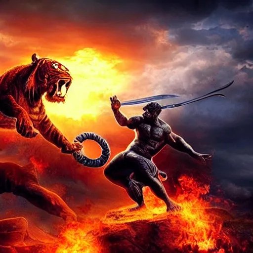 Image similar to “an 8k uhd photorealistic picture of Bahubali fighting a demon tiger at the gates of hell”