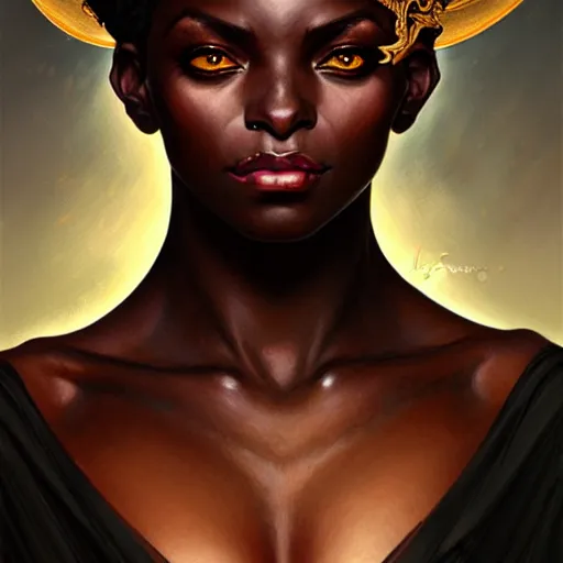 Prompt: , portrait of an black skinned tiefling female, D&D, fantasy, intricate, elegant, highly detailed, digital painting, artstation, concept art, smooth, sharp focus, illustration, art by artgerm and greg rutkowski and alphonse mucha