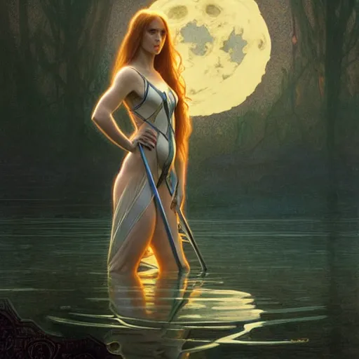 Prompt: excalibur rising from the middle of a lake under a giant full moon, rippling reflections, romantic, cinematic, intricate, elegant, highly detailed, artstation, concept art, smooth, sharp focus, art by alphonse mucha and Monia Merlo and Raymond Swanland and greg rutkowski