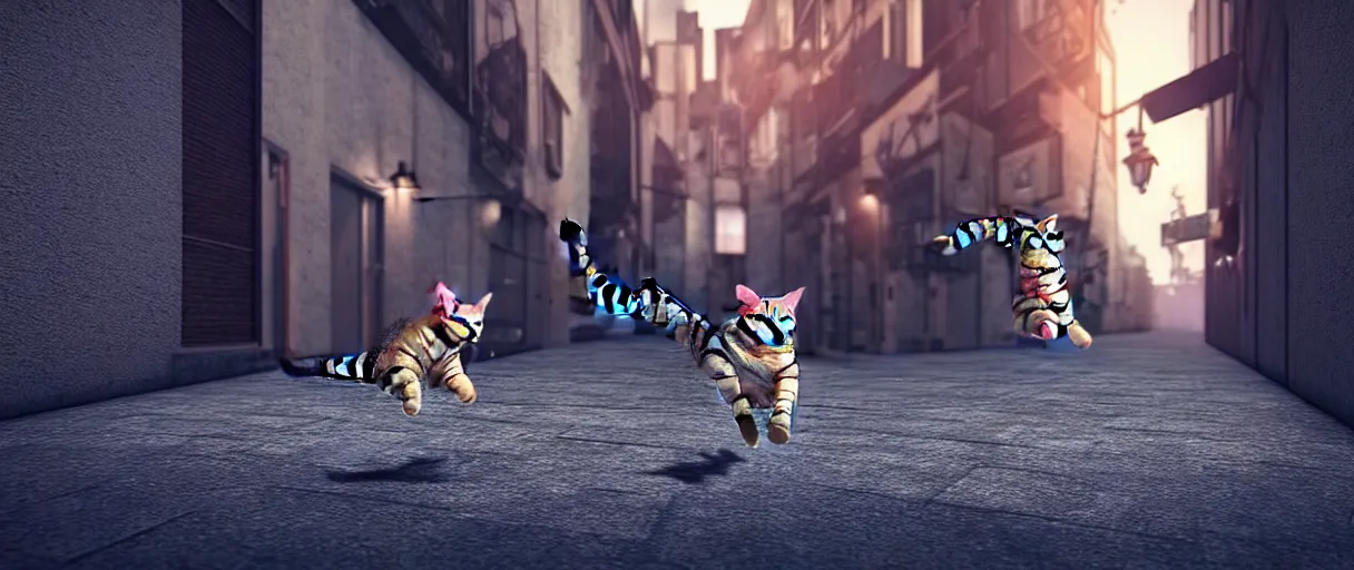 Prompt: hyperrealistic detailed 3d render of a cute tabby catman jumping on a dark city alley sharp cinematic lighting vray 8k low angle shallow depth of field