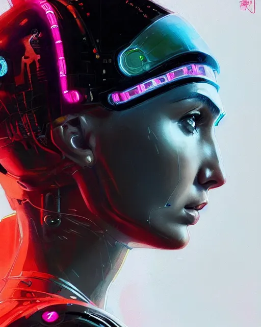 Image similar to detailed side profile portrait Gal Gadot, cyberpunk futuristic neon, reflective puffy coat, decorated with traditional Japanese ornaments by Ismail inceoglu dragan bibin hans thoma greg rutkowski Alexandros Pyromallis Nekro Rene Maritte Illustrated, Perfect face, fine details, realistic shaded, fine-face, pretty face