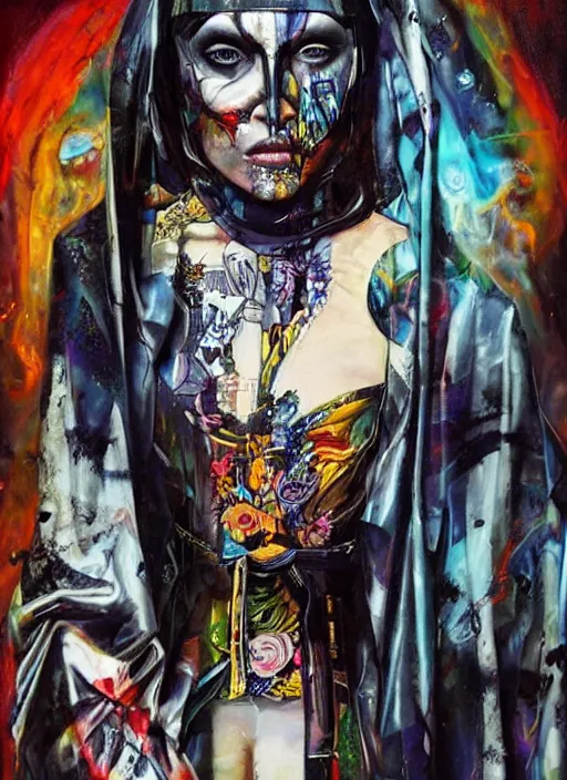 Prompt: powerful tripping cult magic psychic woman, subjective consciousness psychedelic, epic surrealism expressionism symbolism story iconic, dark robed witch, oil painting, paint layers, robe, greek dark myth, by Sandra Chevrier, masterpiece