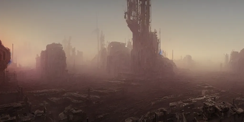 Prompt: a film still from elysium by ian mcque, a dusty sprawling industrial planet, city, vibrant, 5 0 mm lens, video game environment design, behance hd, studio, evening, night time, dramatic lighting, cinematic, global illumination, trending on artstation, bloom