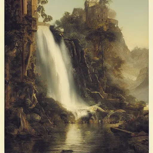 Image similar to A beautiful collage of a waterfalls going into a city. lithograph by Roberto Ferri, by Chip Zdarsky decorative