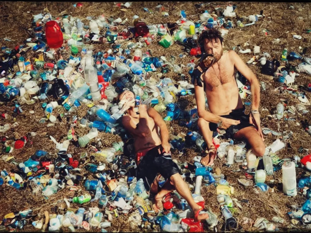 Image similar to lorenzo cherubini jovanotti alone crying surrounded by plastic bottles and garbage on a beach, polaroid color photo, ultra realistic