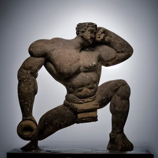 Prompt: studio photography of an ancient idol statue getting smashed into pieces, dramatic lighting