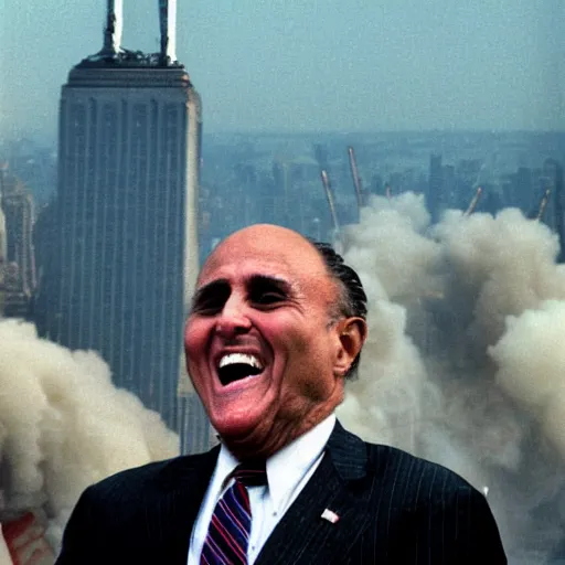 Image similar to color crt surveillence footage hyper detailed focused closeup fish eye lens photograph of Rudy Giuliani laughing hysterically tap dancing on top of the world trade center rubble pile smoking in ny on 9/11/01 september 11th