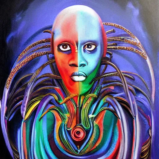 Image similar to afrofuturistic techno - mage, dark fantasy, occult, year 2 1 0 0, high - quality surrealist painting