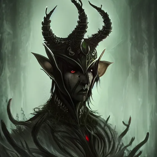 Image similar to dark fantasy concept of elven tree elf god, with dark steel and eldritch wood armor on a mountain, cinematic, dynamic lighting, photorealistic, ultra detailed, trending on art station, stunning visuals, creative, hyper detailed