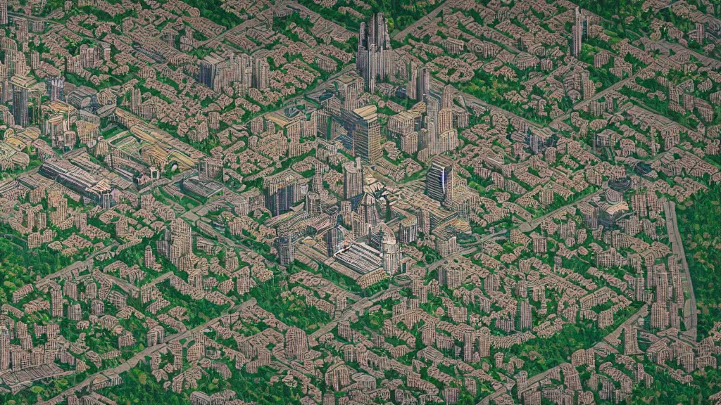 Prompt: a overhead map of a large holy city with a large tower in the center surrounded by rivers and a forest, trending on artstation